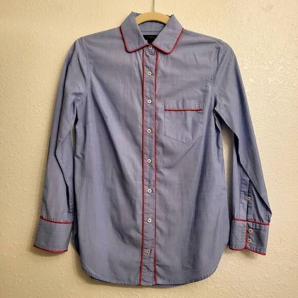NWOT J. Crew Blue Pajama-Style Classic Effortless Button-down Top w/ red trim - Picture 2 of 5